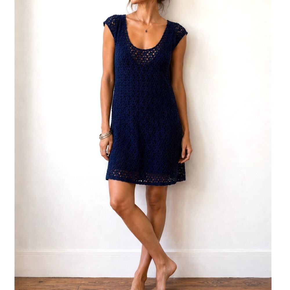 Free People Navy Crochet Lace Shift Dress Coastal 2010s Cottage Boho Indie Large